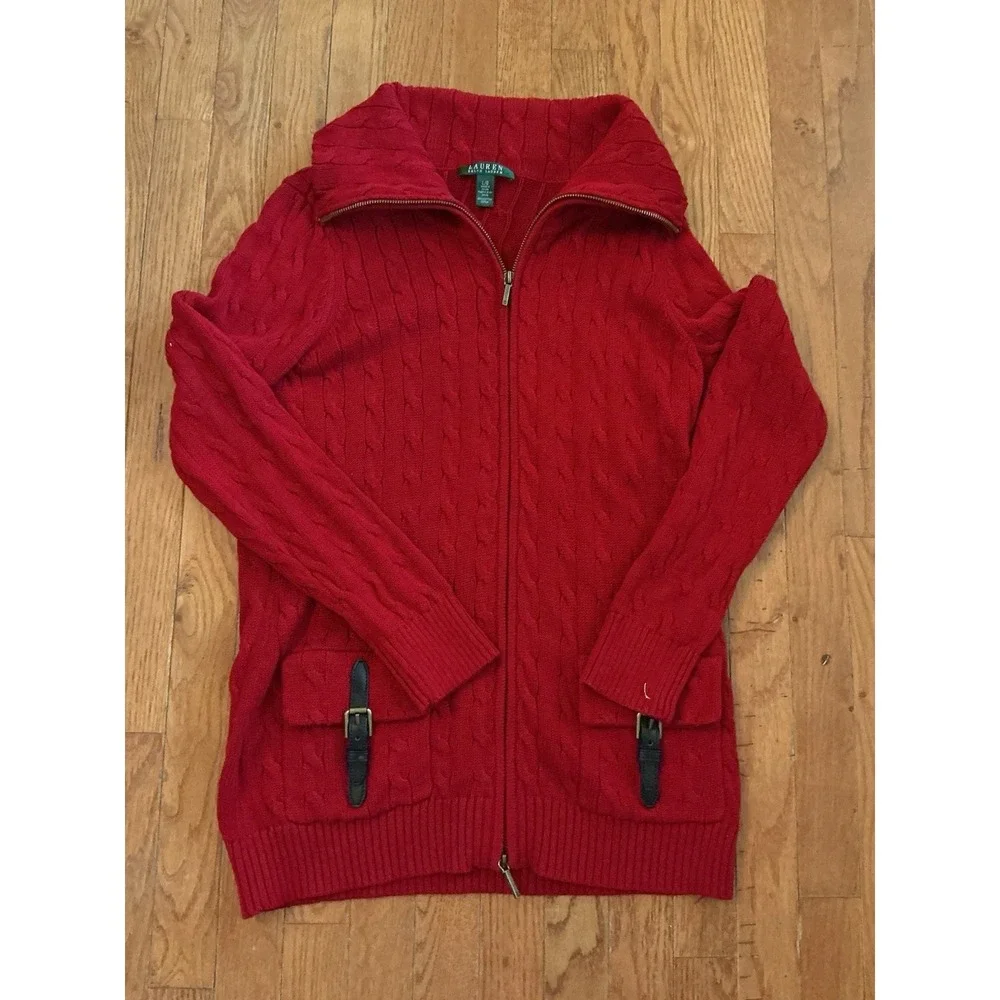 Lauren Ralph Lauren Sweater Womens L Red Cable Full Zip Brass Buckles Pockets